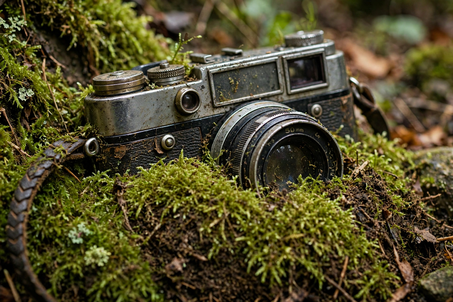 Vintage Camera Half-Buried in Moss