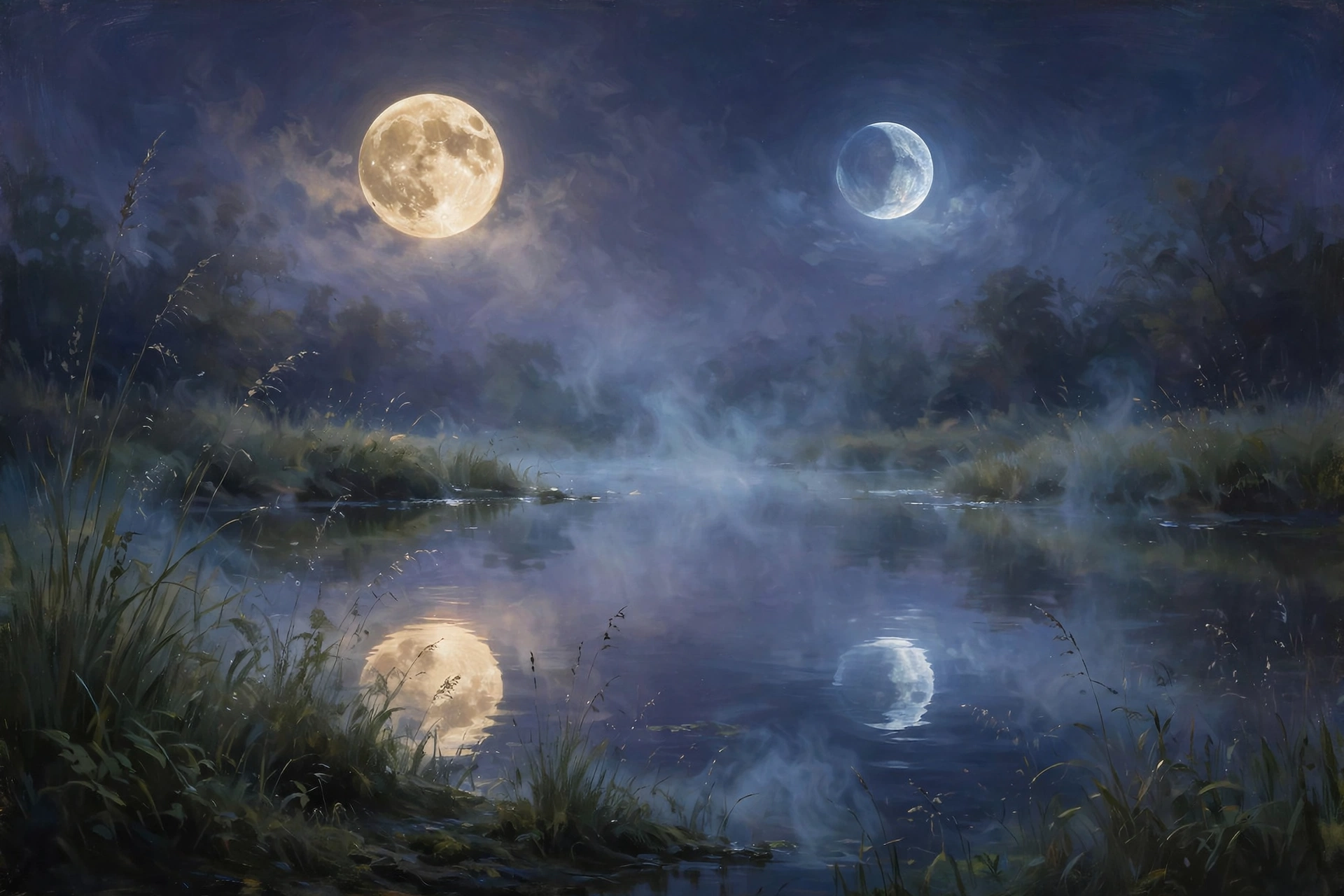 Pond Reflecting Double Moon