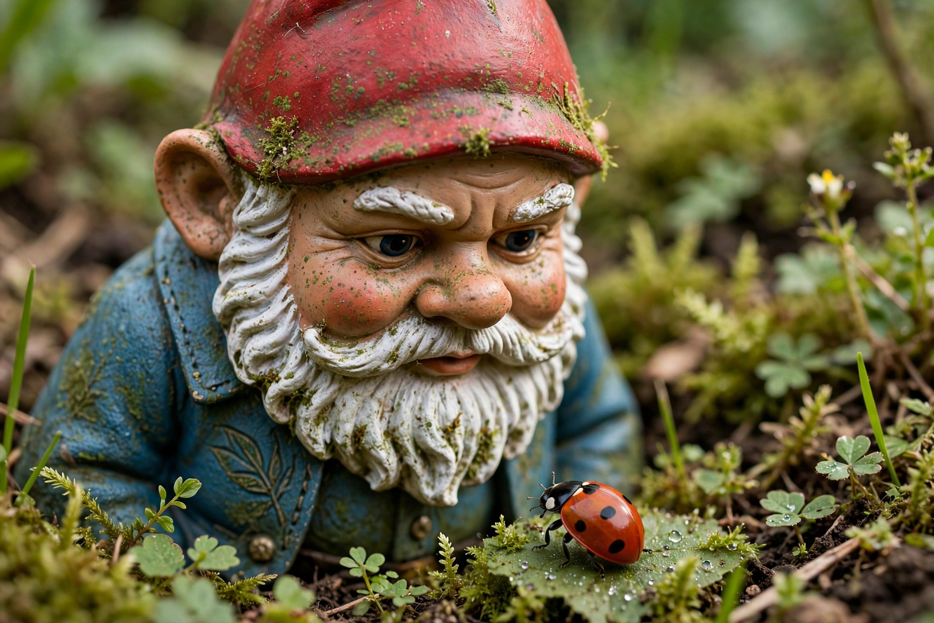 Gnome Staring Down a Ladybug