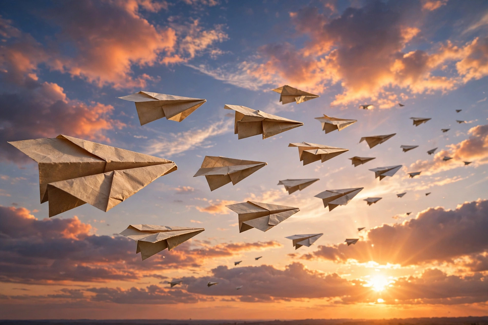 Paper Airplane Fleet at Sunset