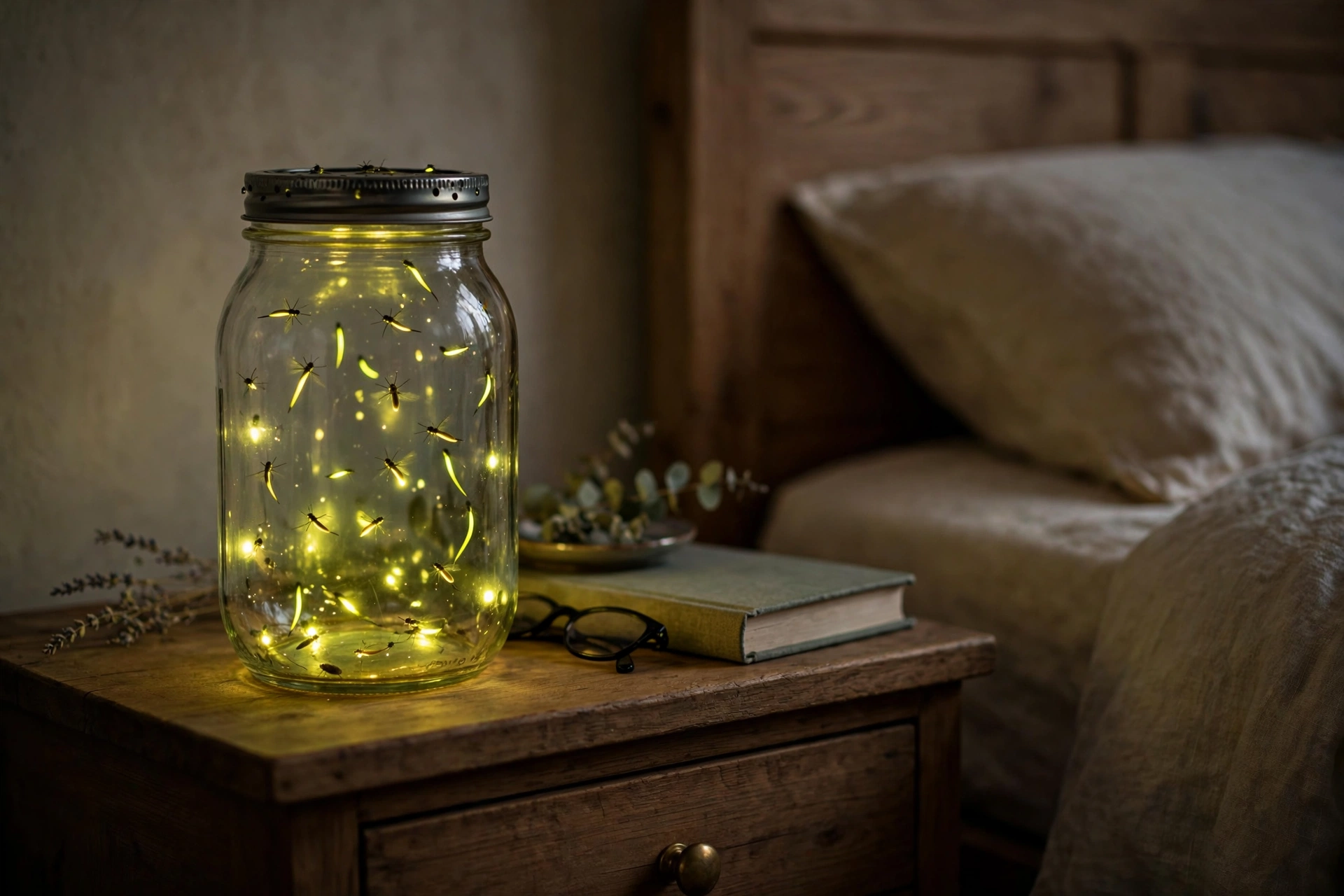 A Jar of Fireflies on a Bedside Table