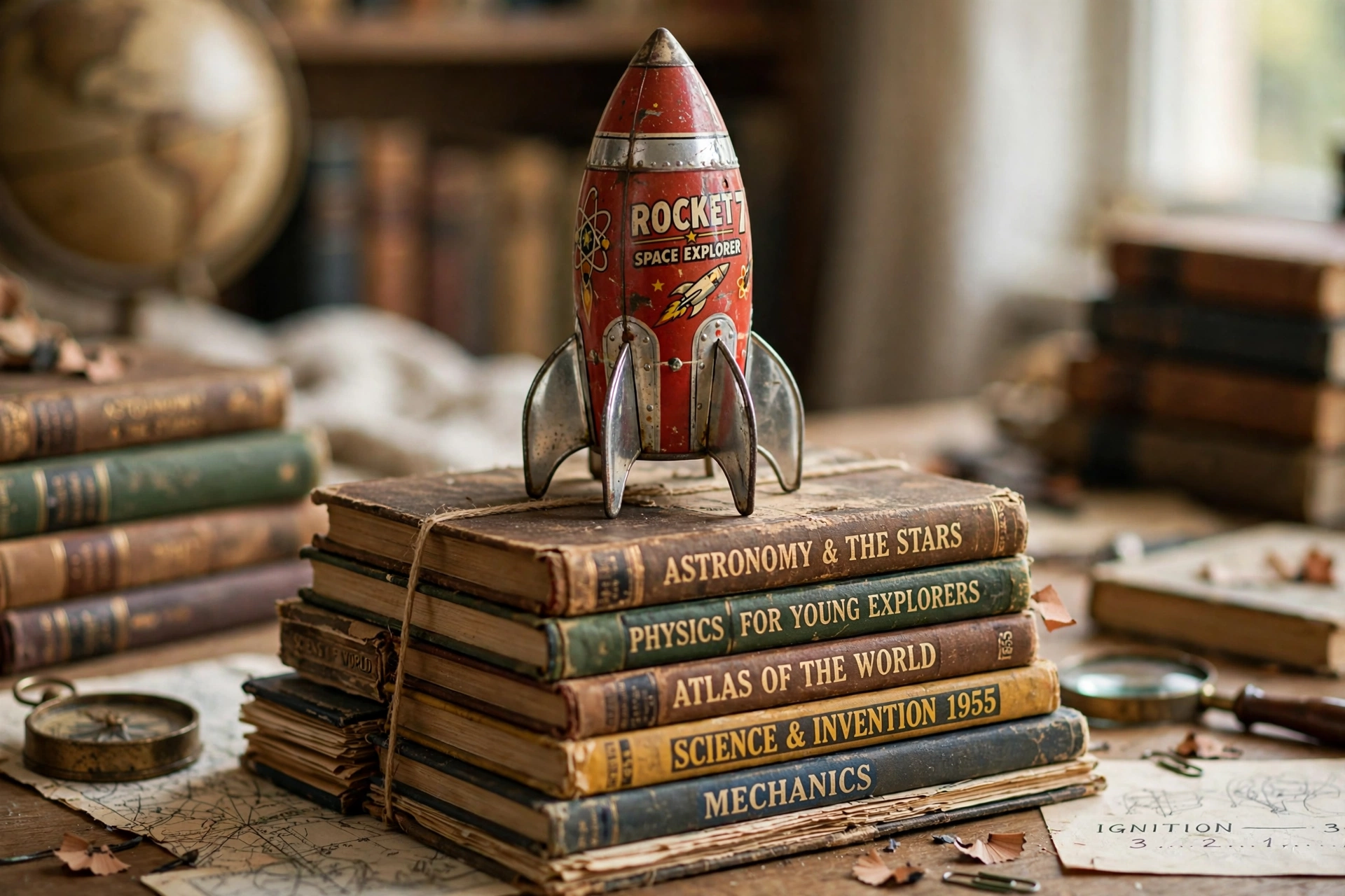Vintage Rocket Toy on a Launchpad of Books