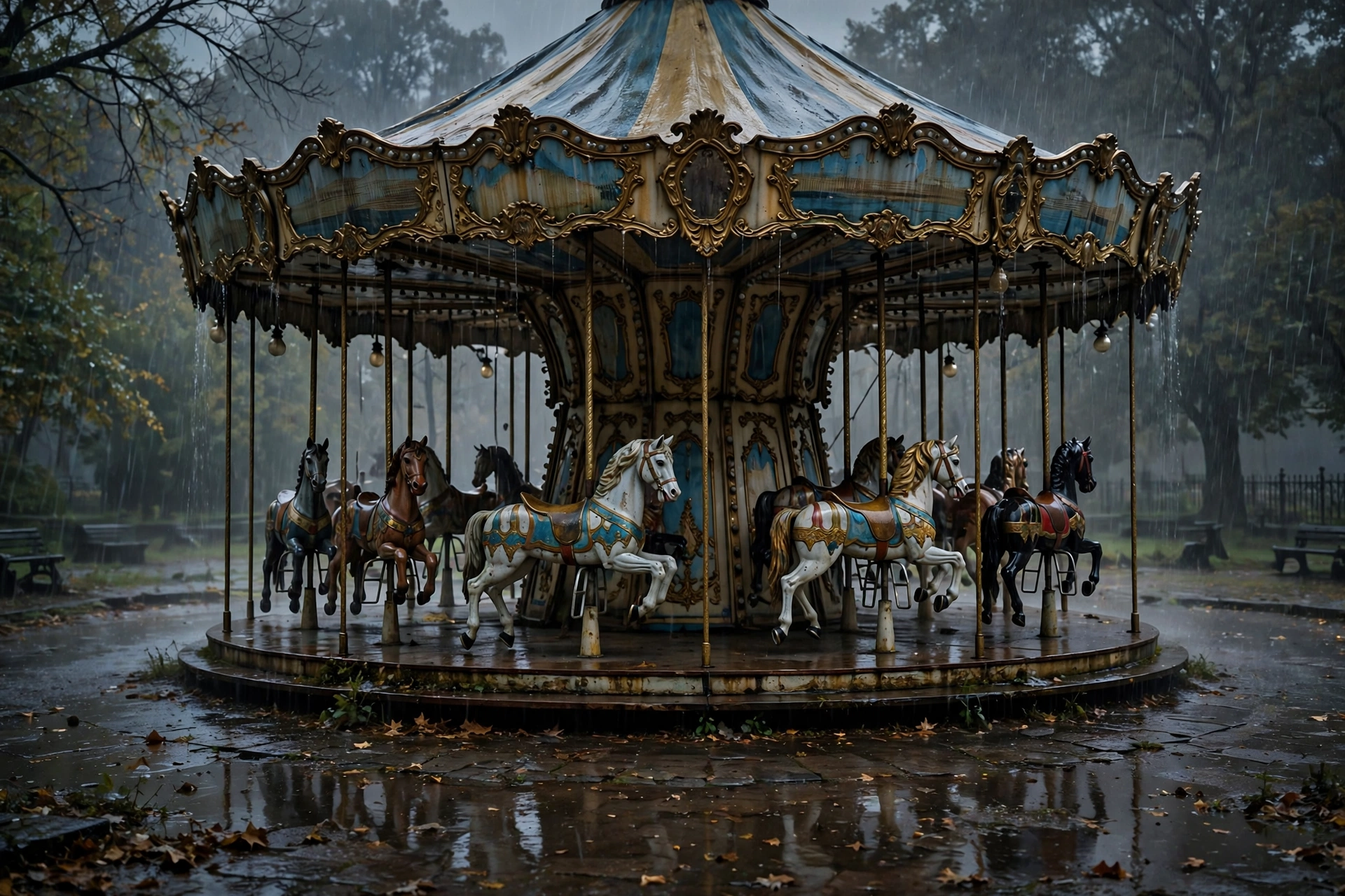 Deserted Carousel in the Rain
