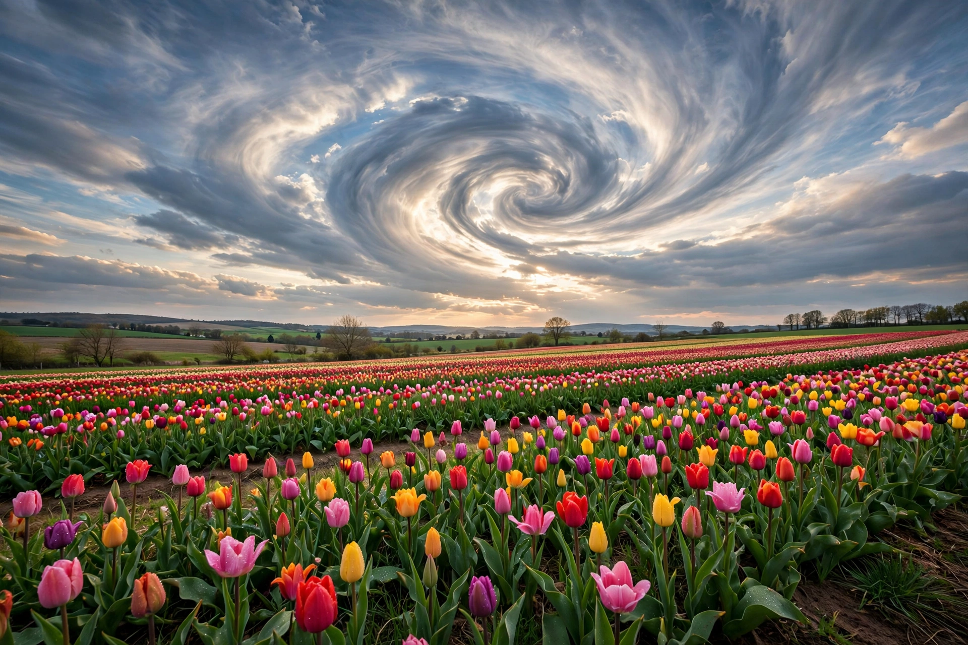 Tulip Field Under a Swirling Sky