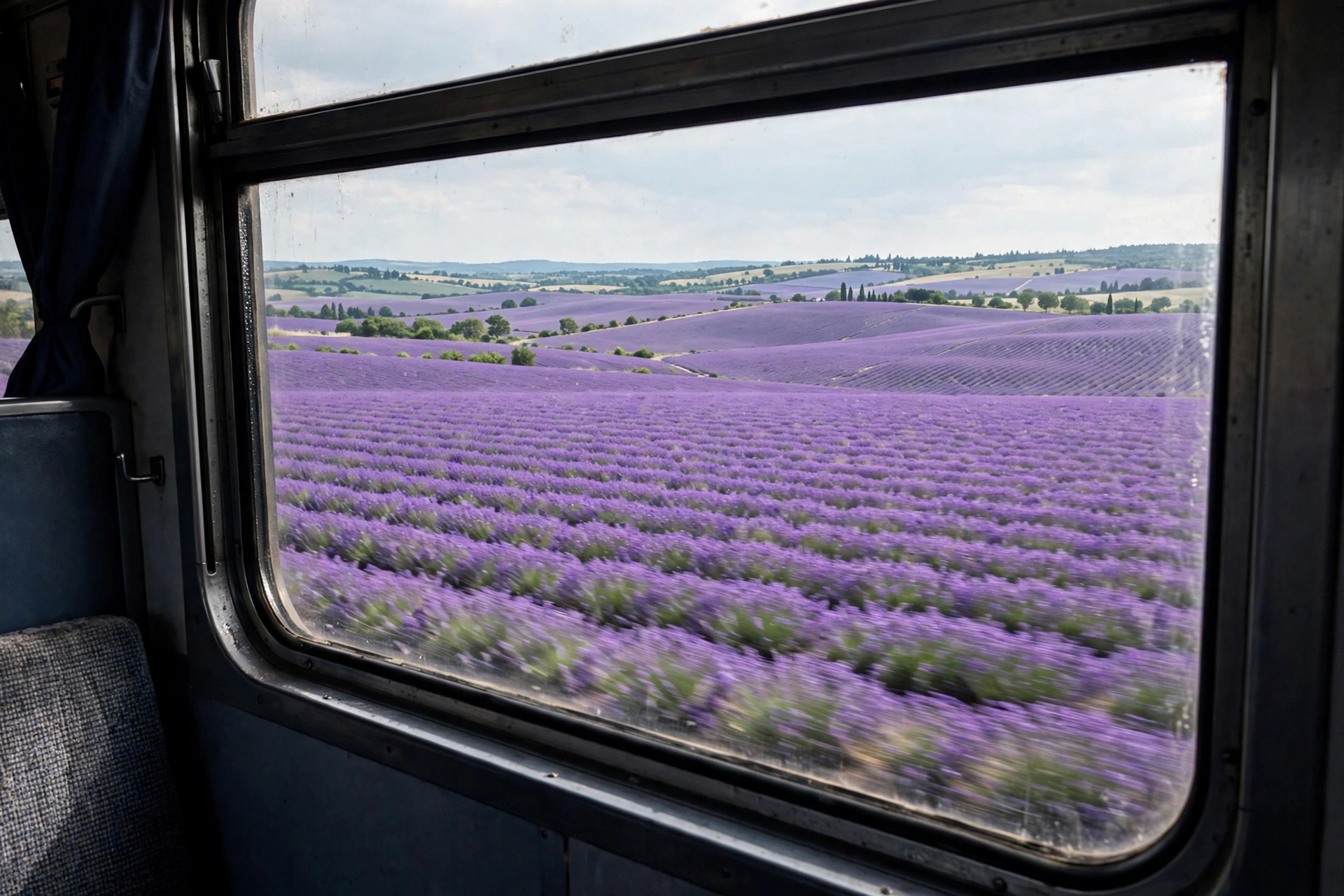 Train Window Over Lavender Fields