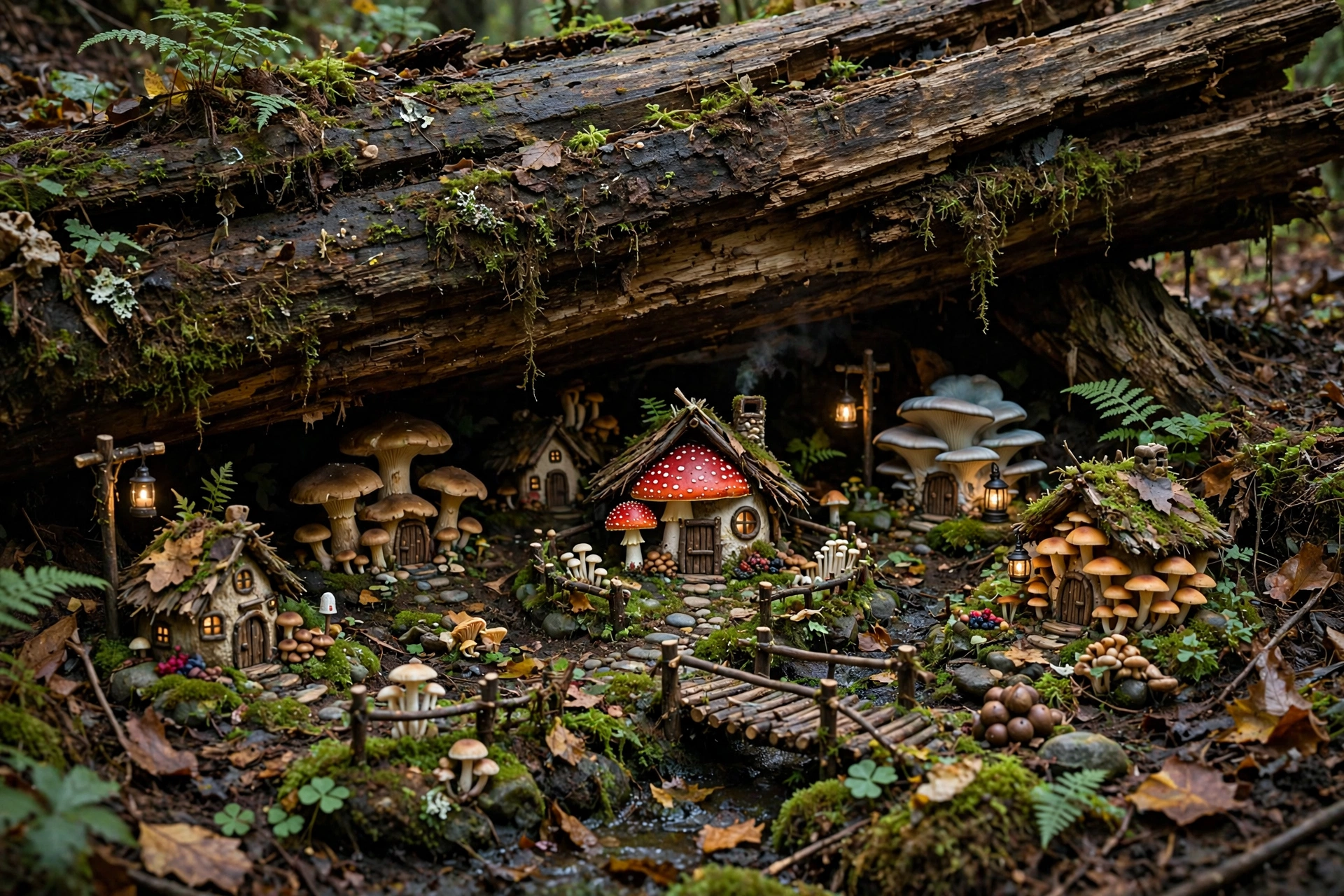 Mushroom Village Under a Fallen Log