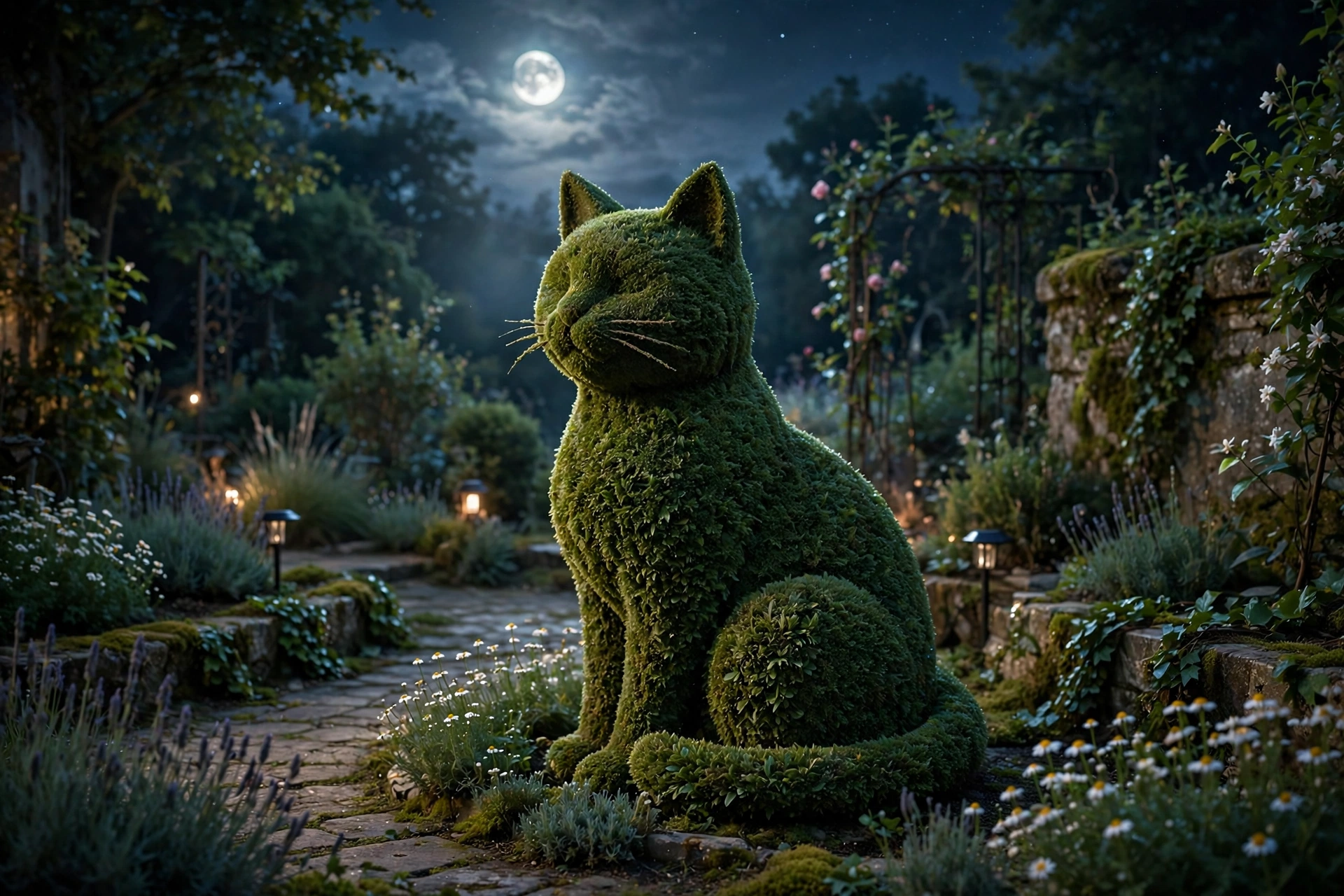 Cat Topiary by Moonlight