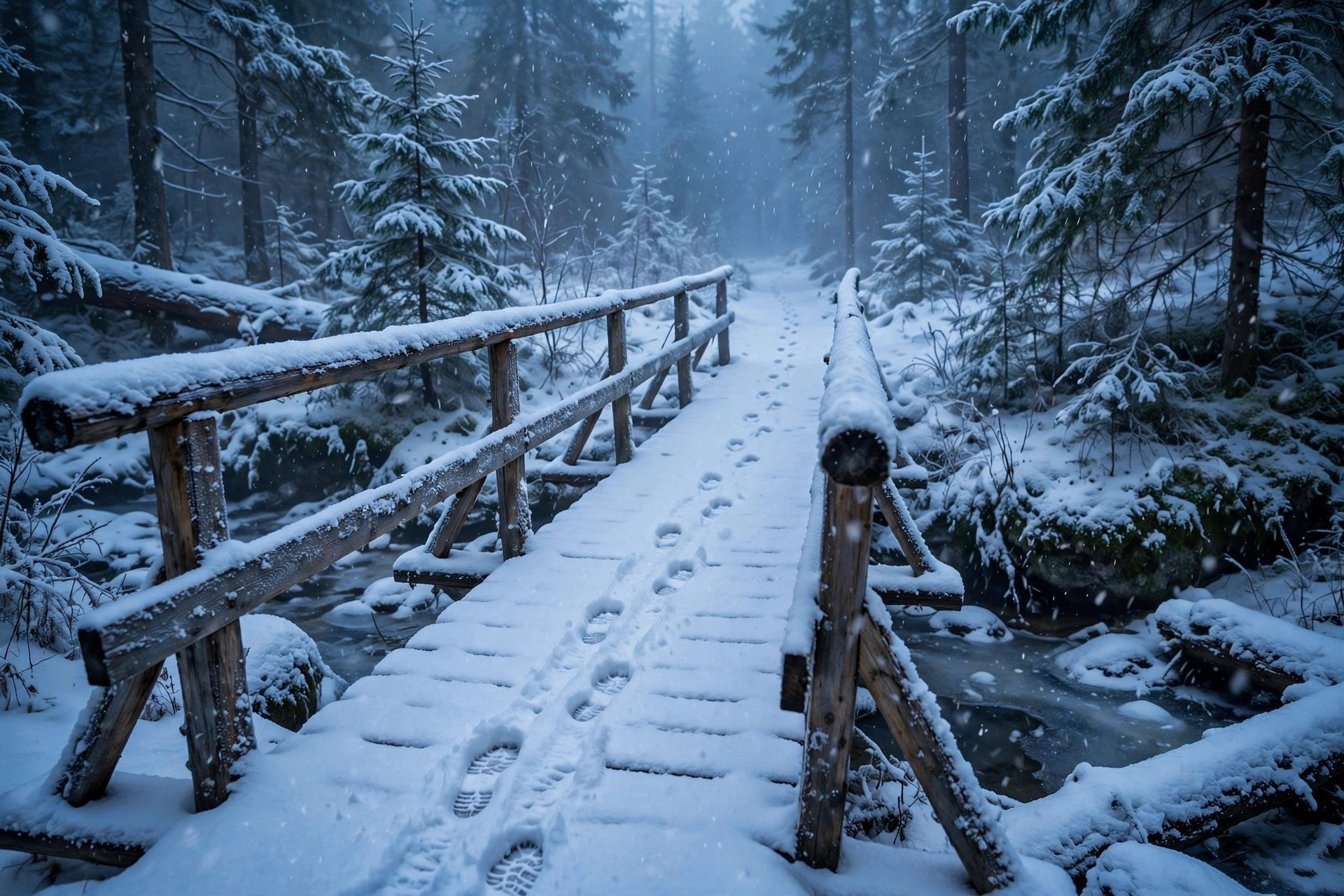 Footprints on a Snowy Bridge