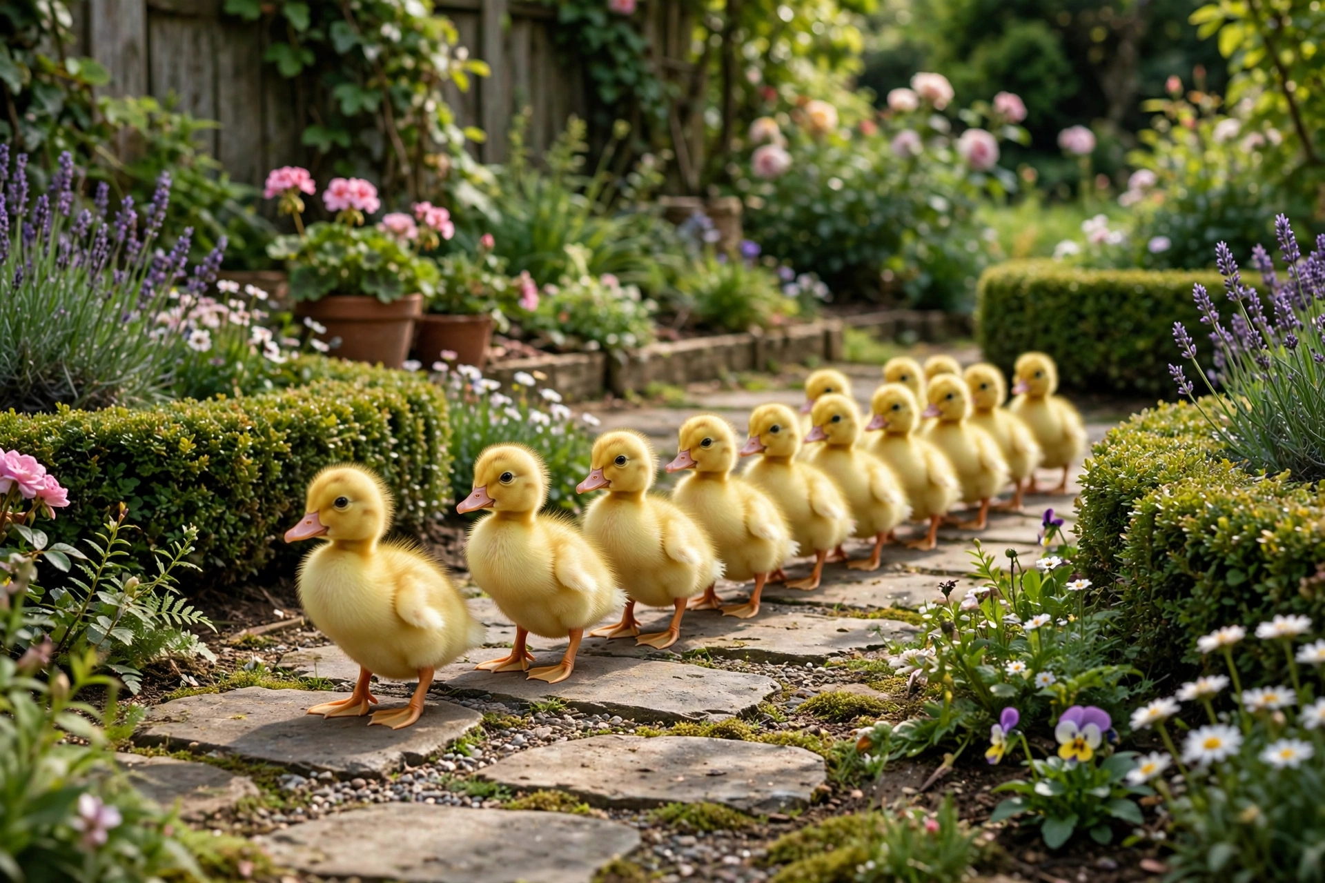 Ducklings Crossing the Garden Path