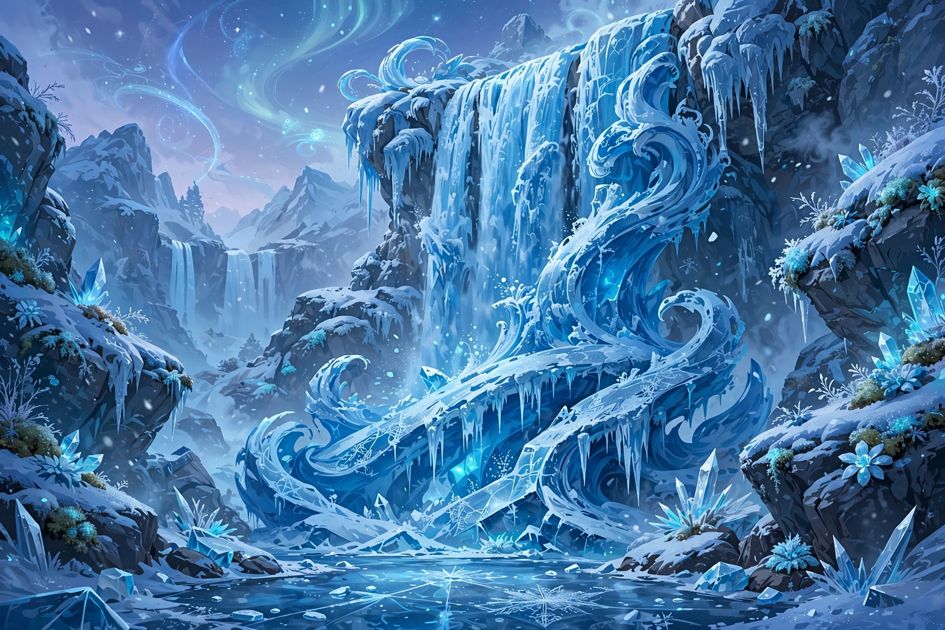 Waterfall Frozen in Blue Ice