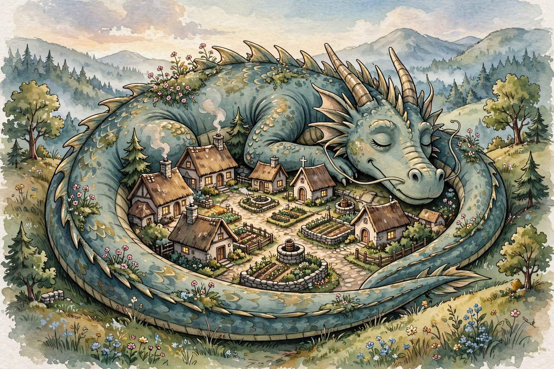 Sleeping Dragon Curled Around a Village