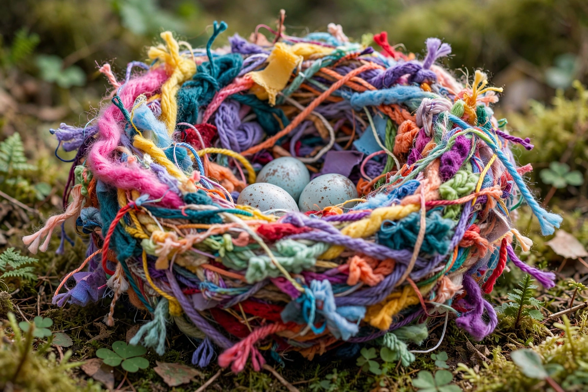 Nest Built from Colorful Yarn Scraps