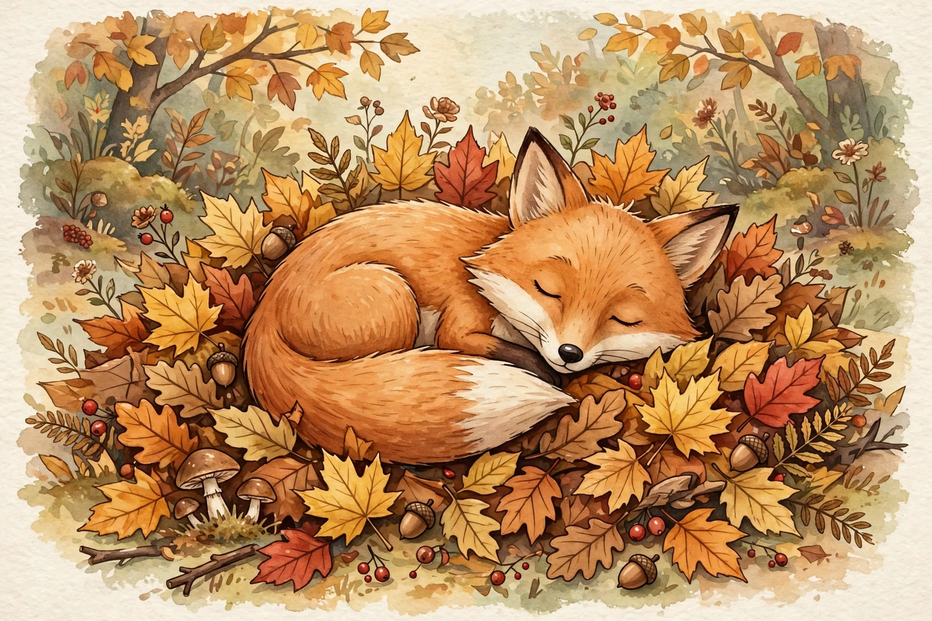 Fox Asleep in Autumn Leaves