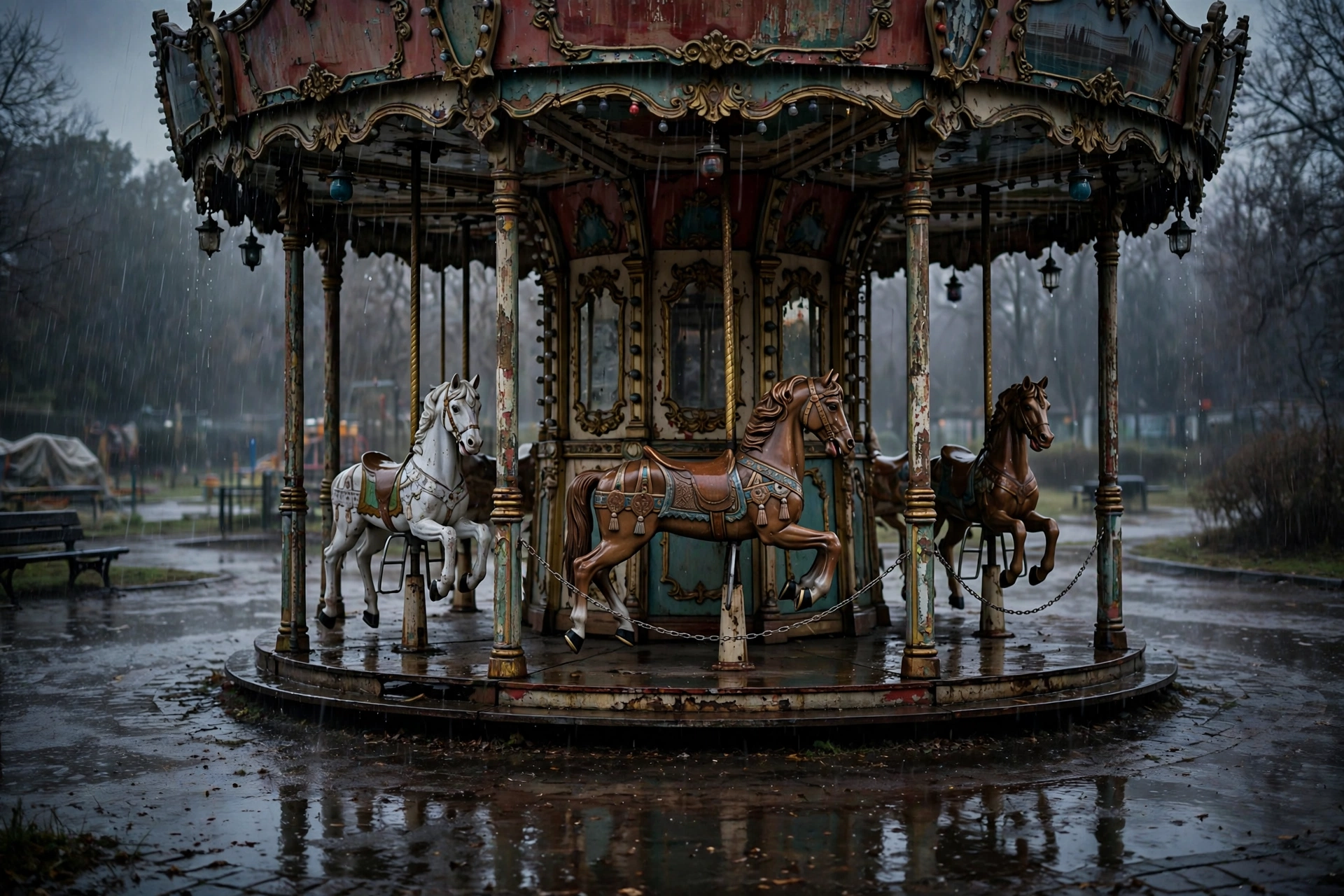 Deserted Carousel in the Rain