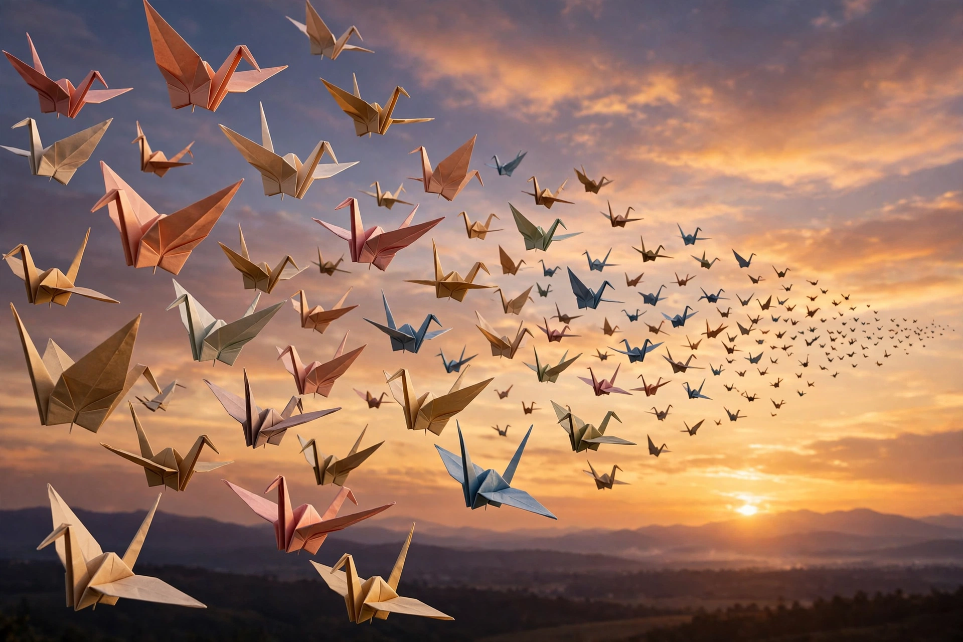 Paper Crane Flock at Sunset
