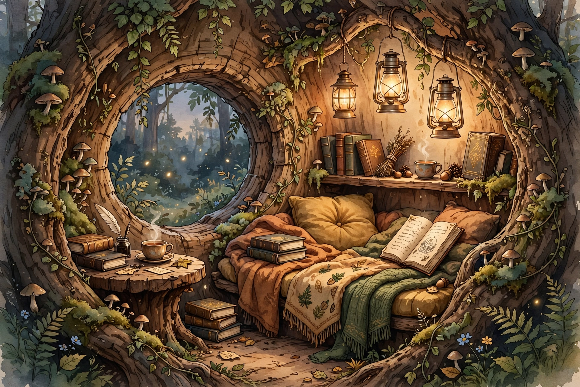 Lantern-Lit Reading Nook Inside a Hollow Tree