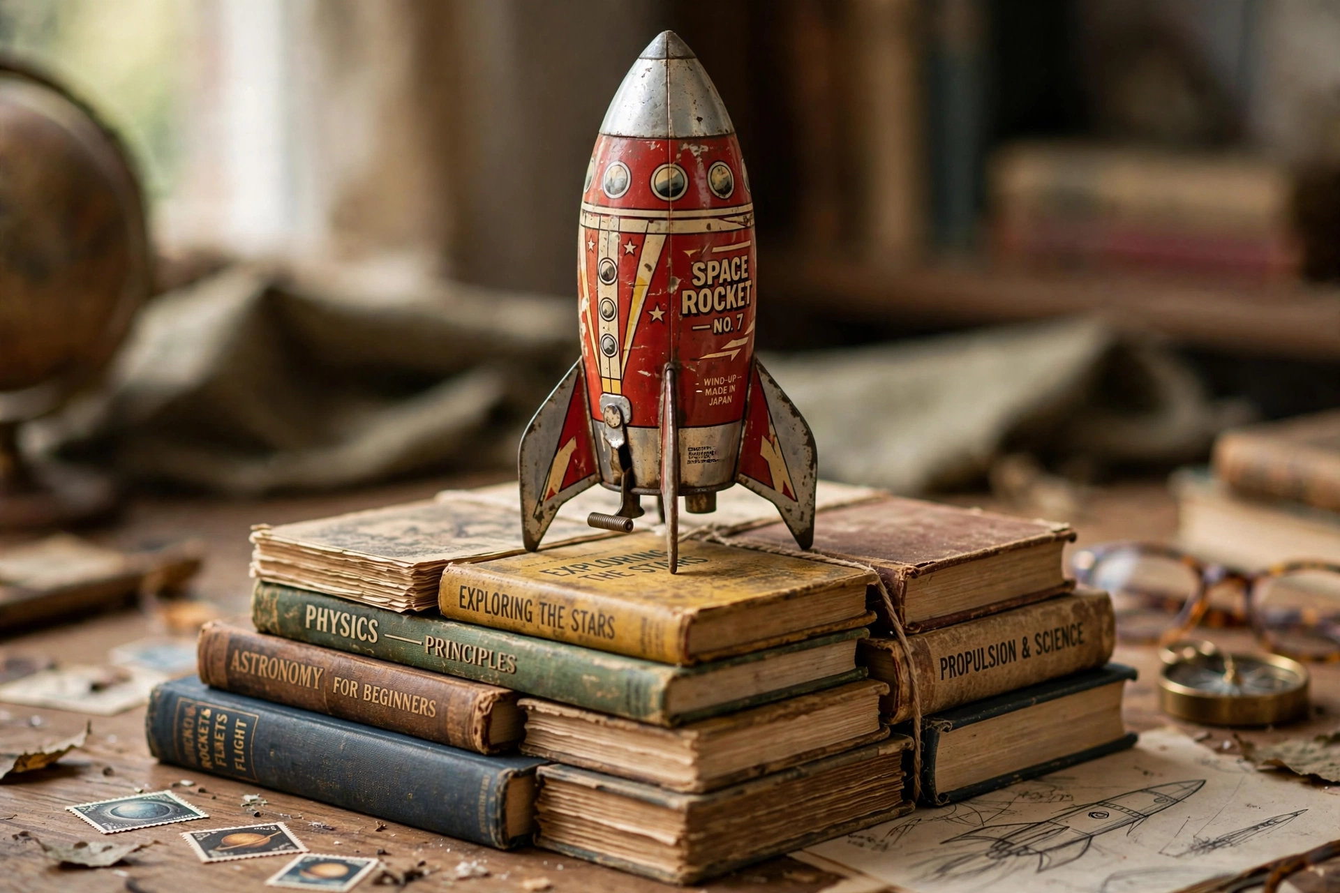 Vintage Rocket on a Book Launchpad