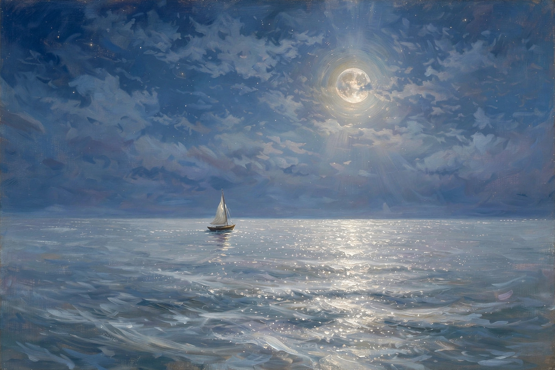 Moonlit Ocean With a Single Sailboat