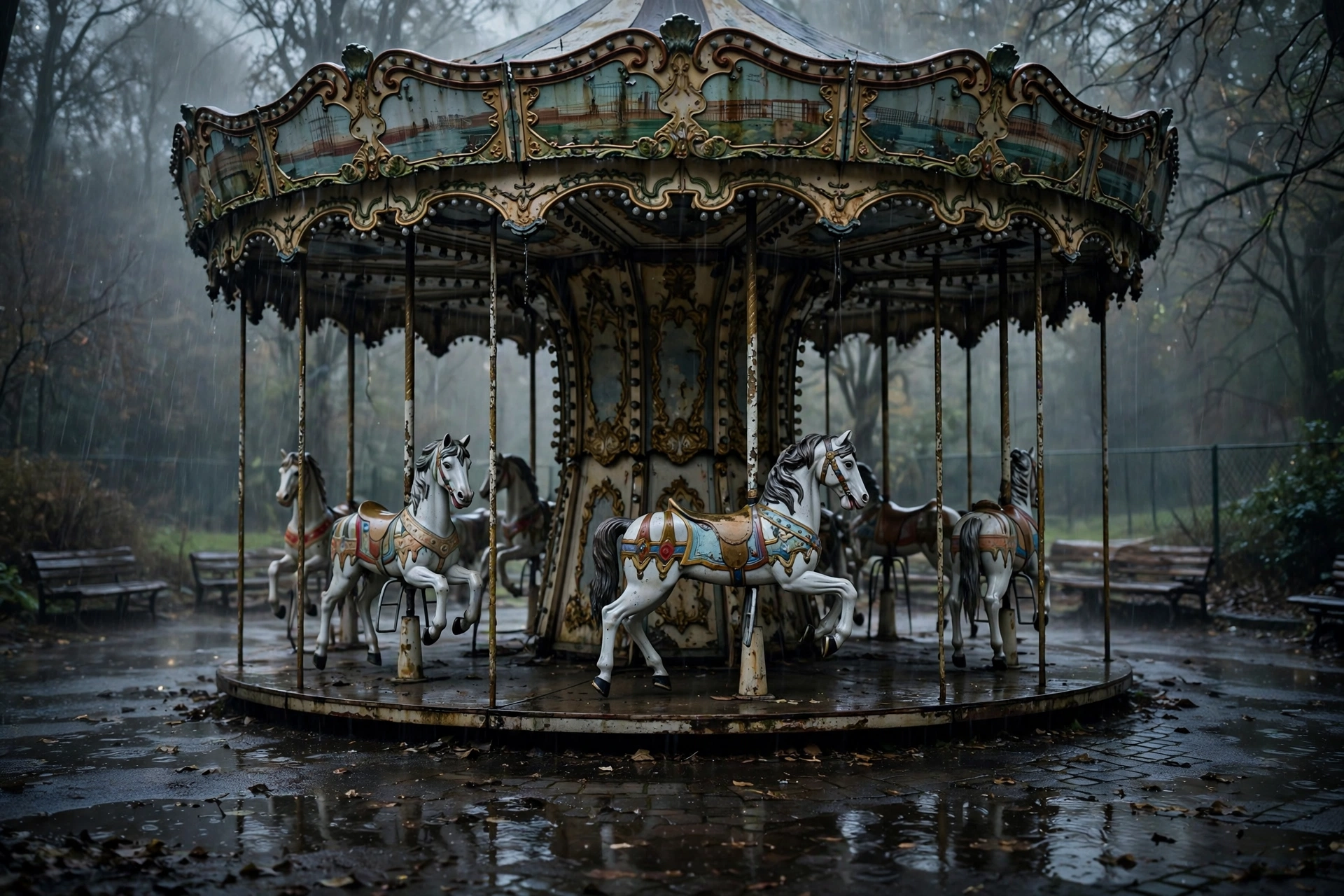 Deserted carousel in the rain