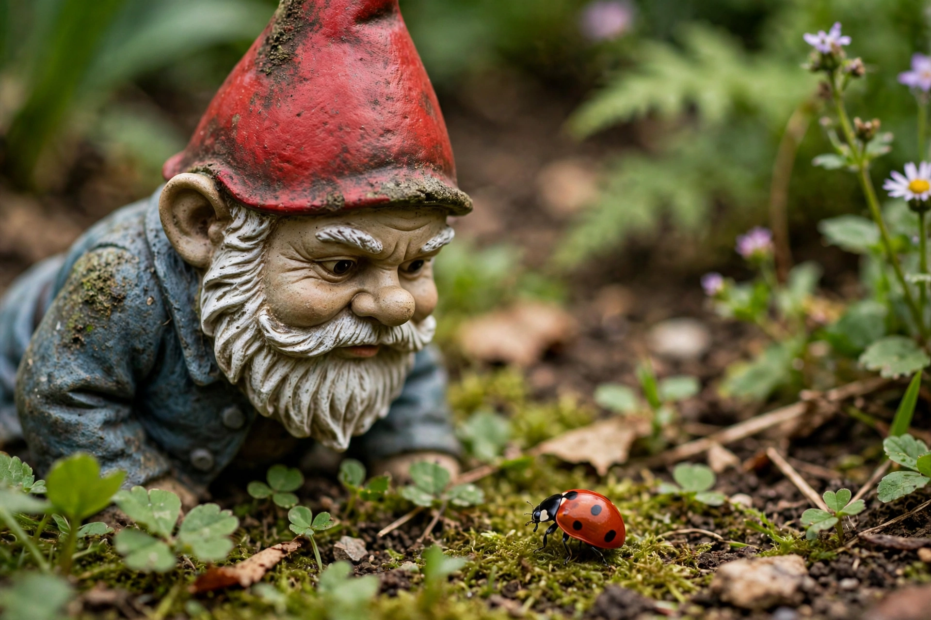 Garden gnome staring down a ladybug