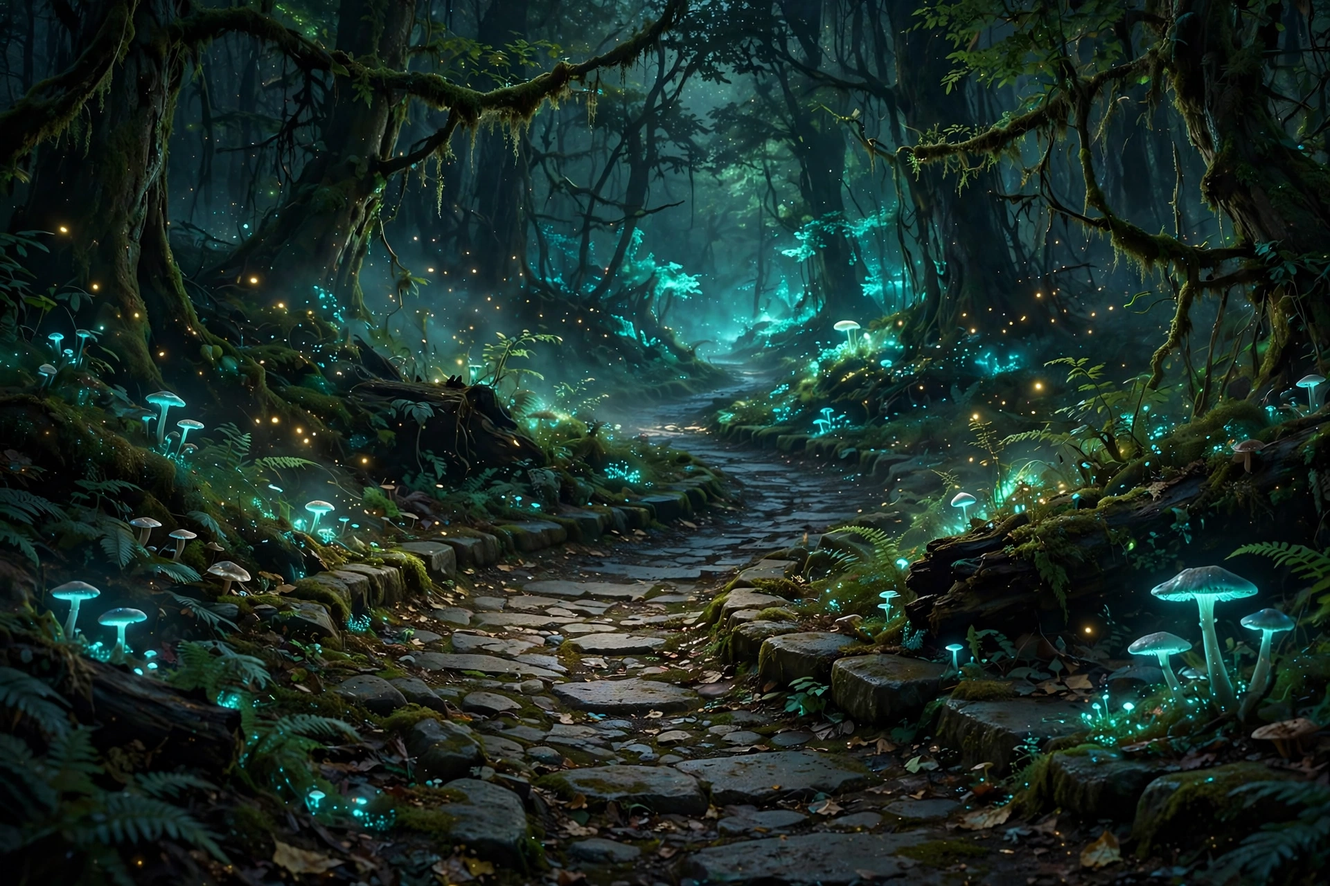 Stone path into a glowing forest