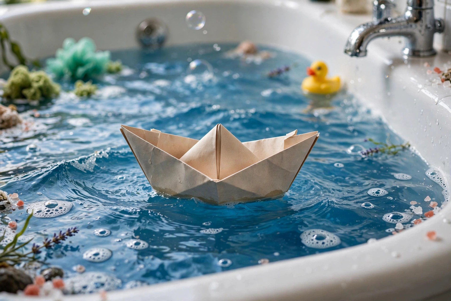 Paper boat on a bathtub ocean