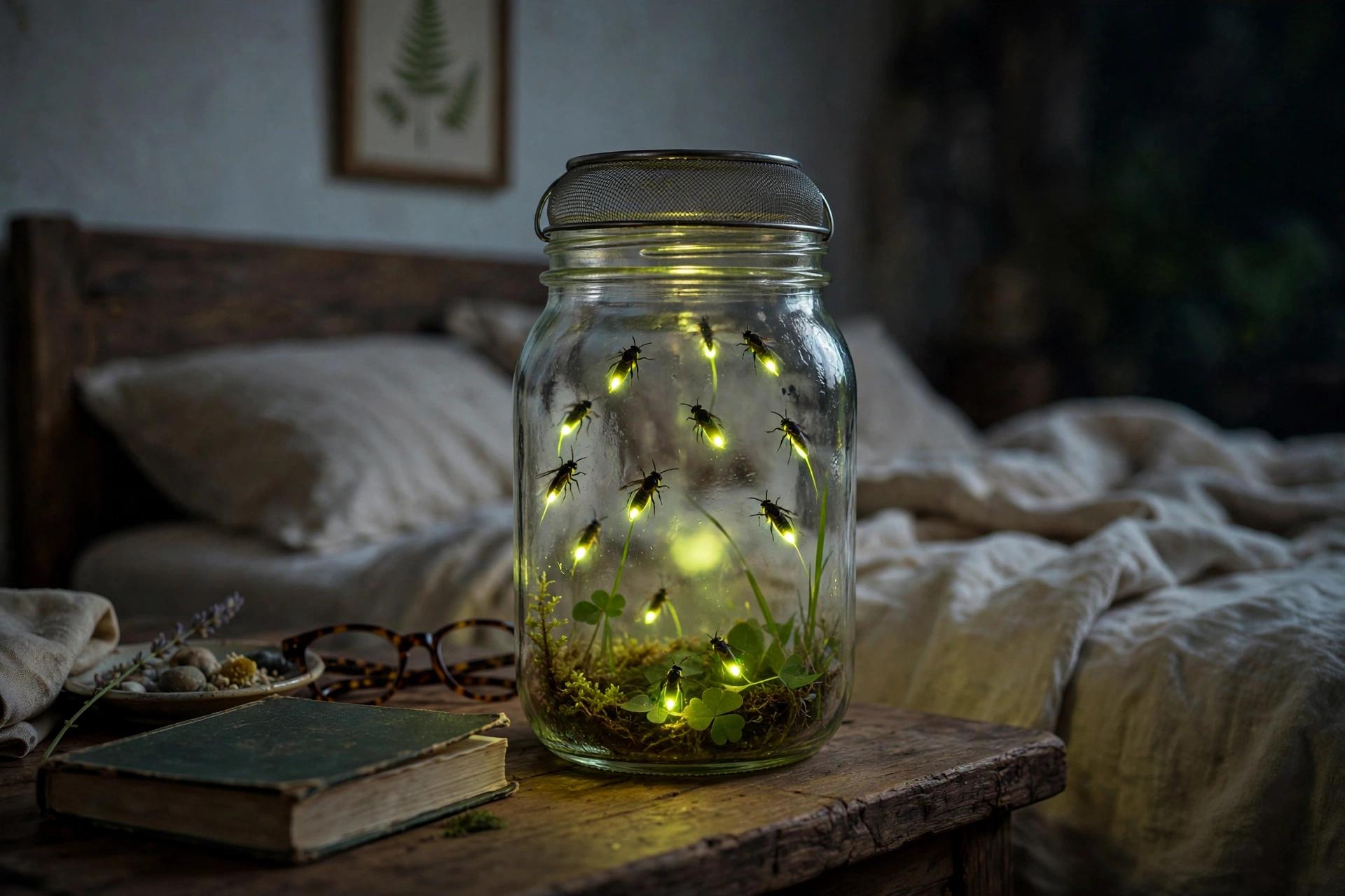 A jar of fireflies on a bedside table