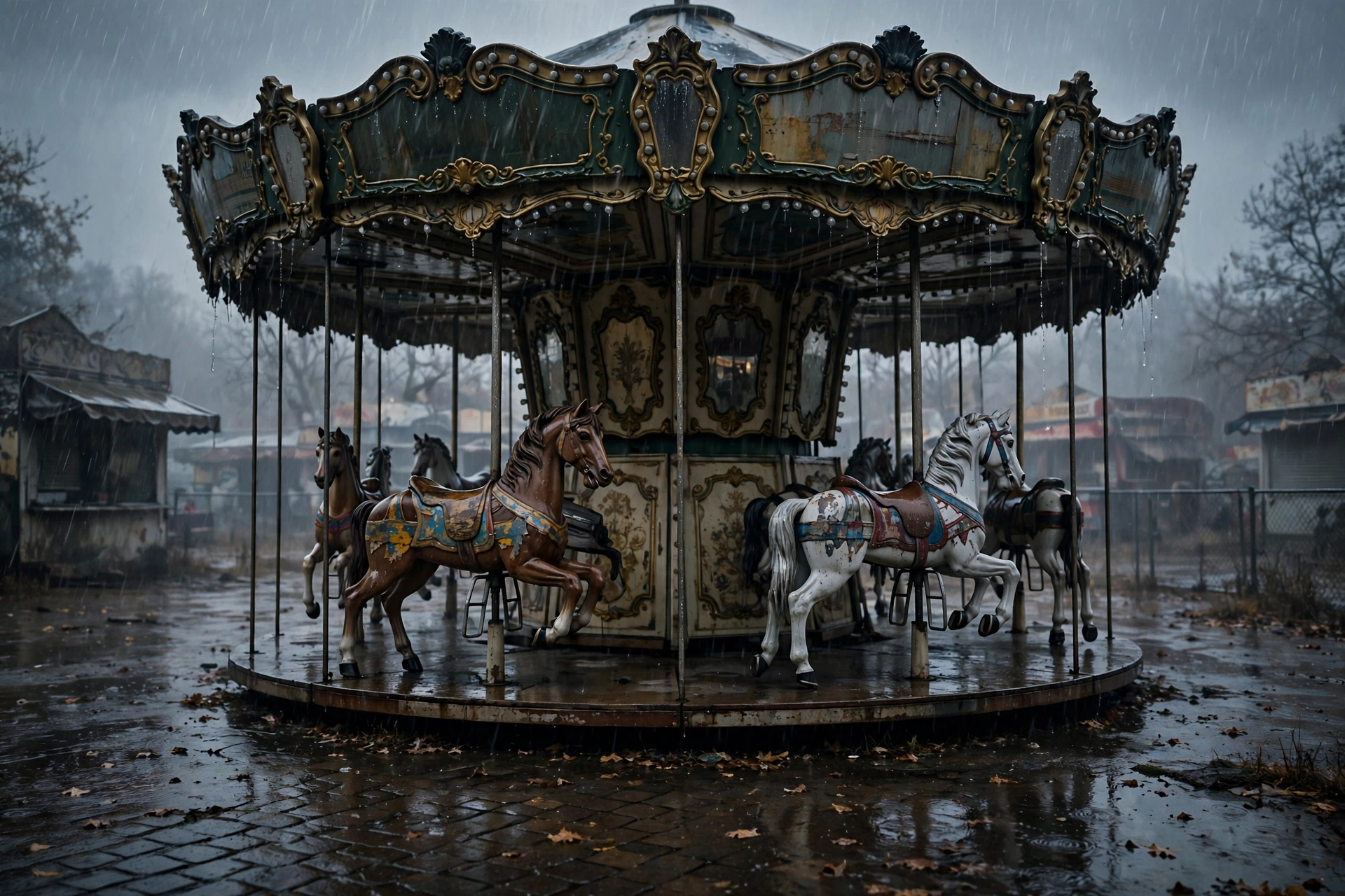 Deserted Carousel in the Rain
