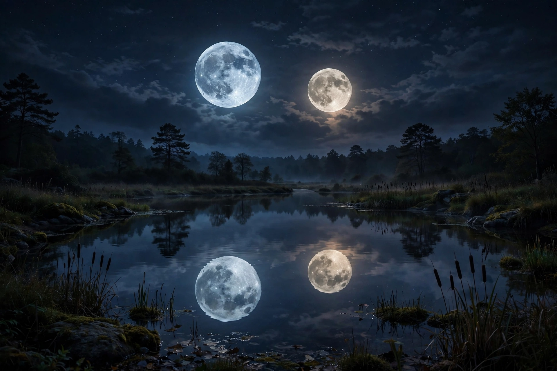 Pond reflecting a double moon