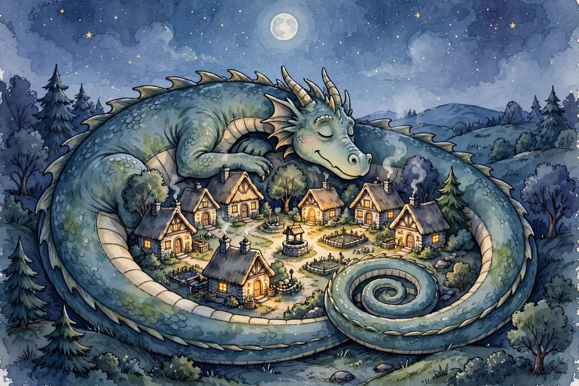 A Sleeping Dragon Curled Around a Village