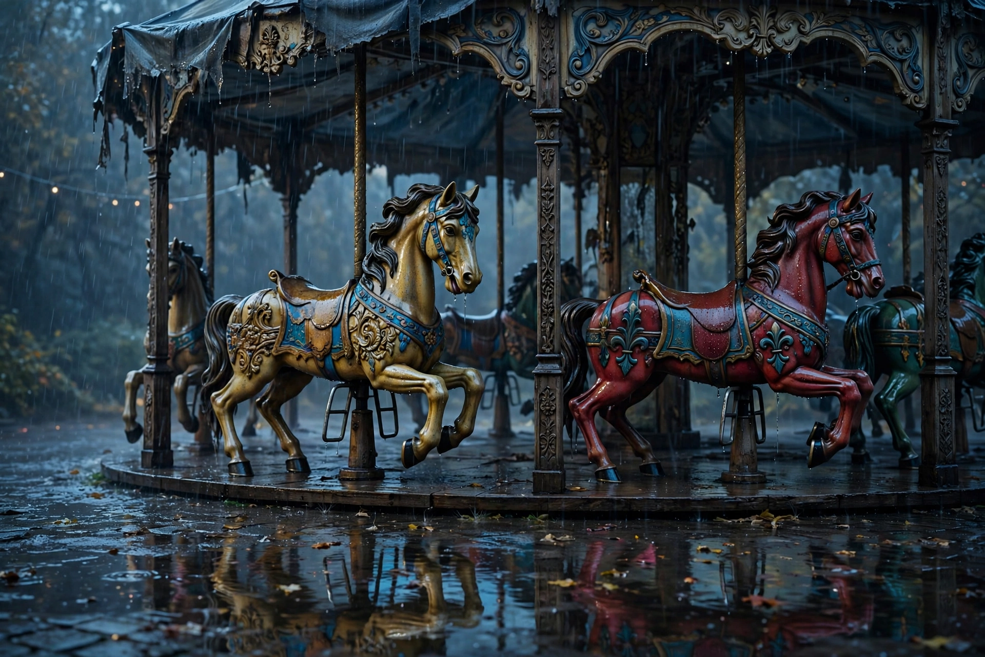 Deserted Carousel in the Rain