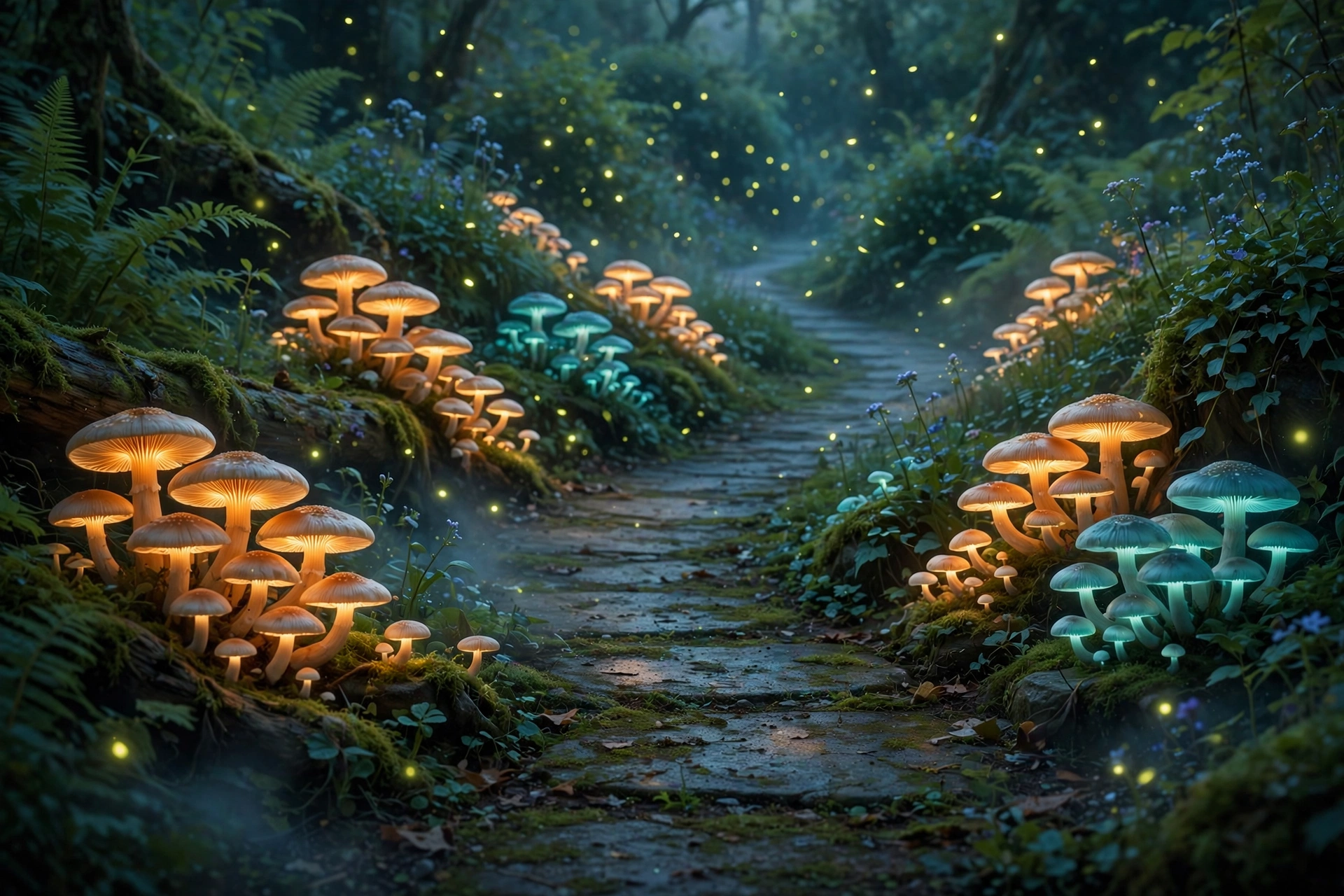 Garden Path Lit by Glowing Mushrooms