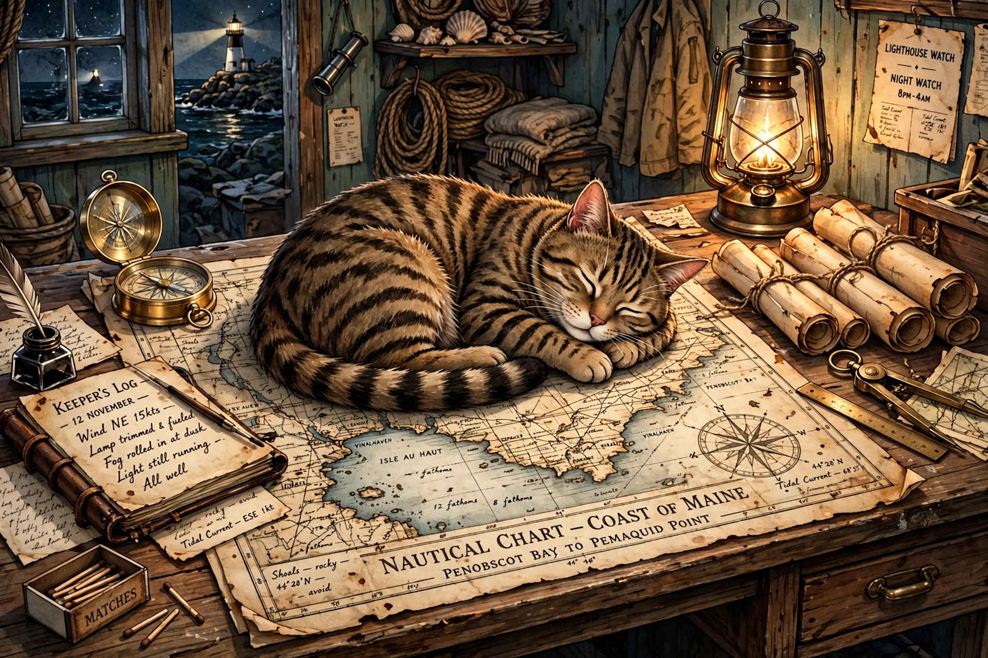 Lighthouse Keeper's Cat Asleep on a Chart