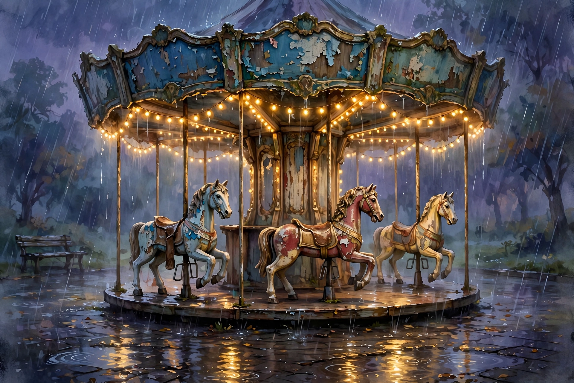 Deserted Carousel in the Rain
