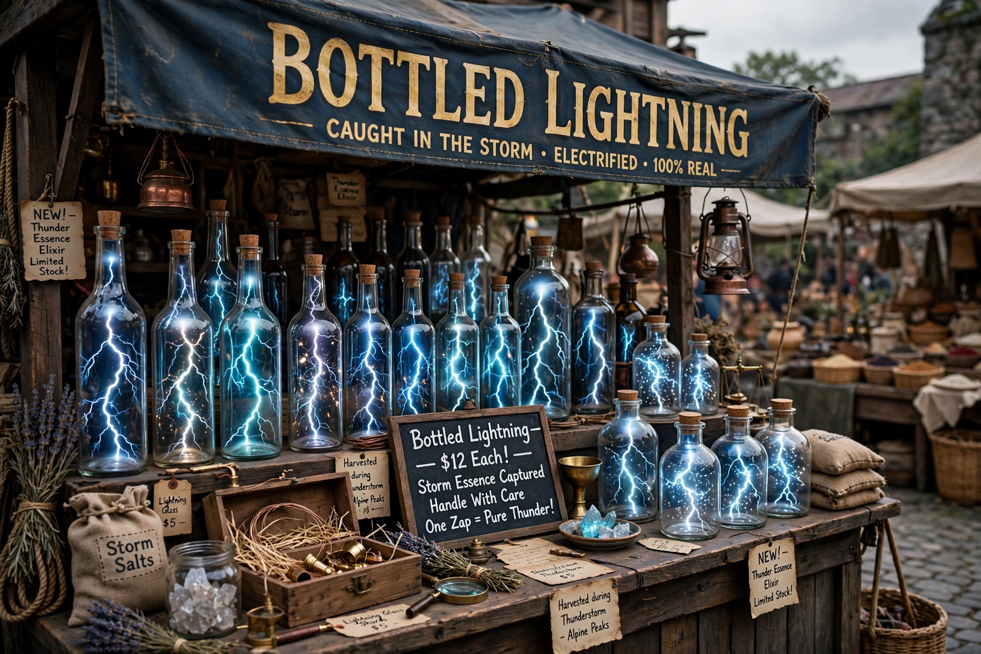 A market stall selling bottled lightning