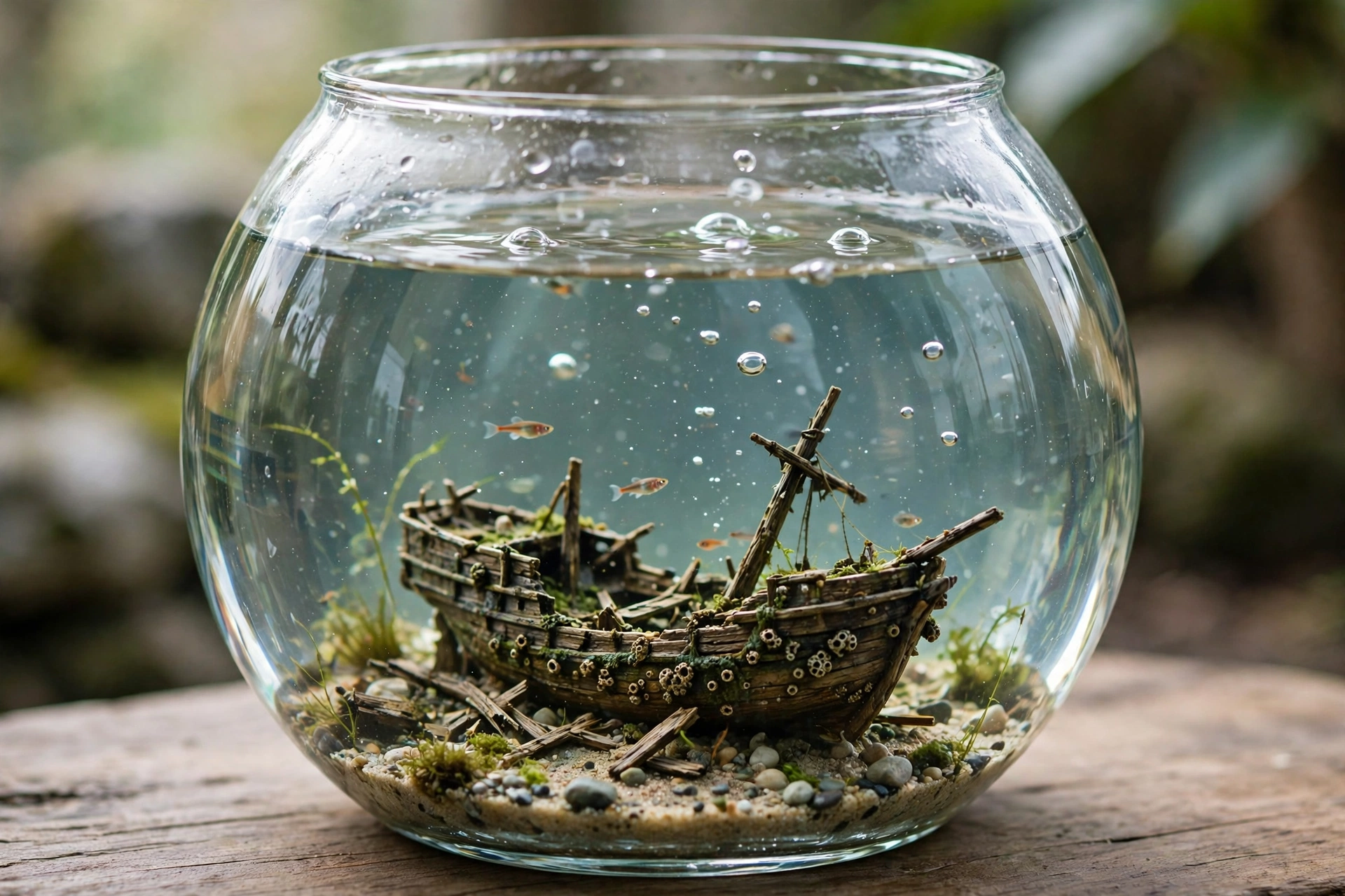 A fishbowl containing a tiny shipwreck