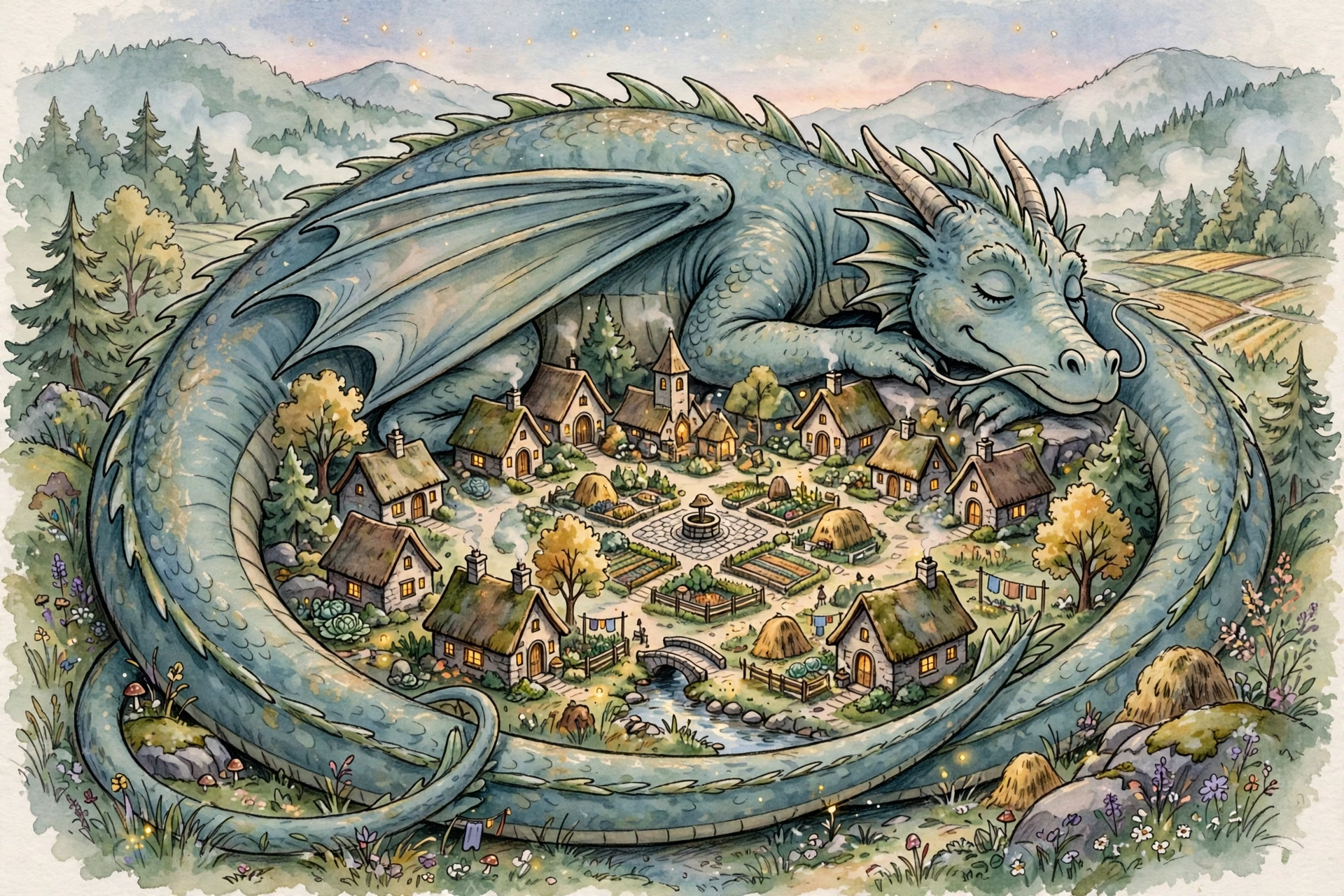 A sleeping dragon curled around a village