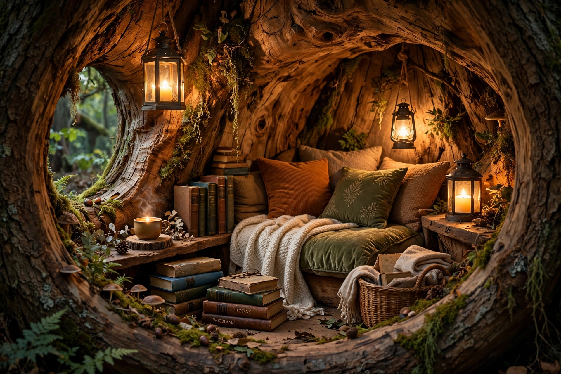 A Cozy Reading Nook Inside a Hollow Tree
