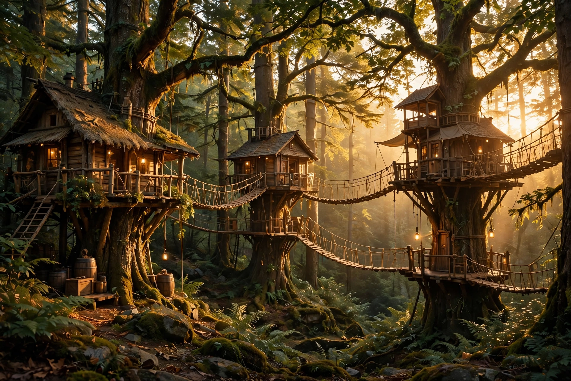 A Treehouse Village Connected by Rope Bridges
